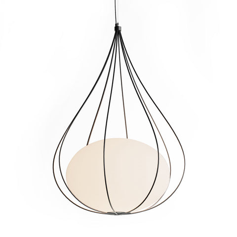 A pendant light shaped like a raindrop, featuring a cage-like design with an opal-glass diffuser, handcrafted in Sweden.