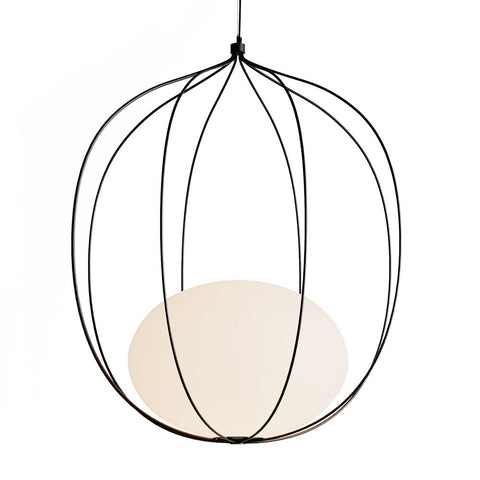 The Hoop Pendant Large, a bold Scandinavian light with an eight-wire frame, oval glass diffuser, warm LED glow, and custom colors.