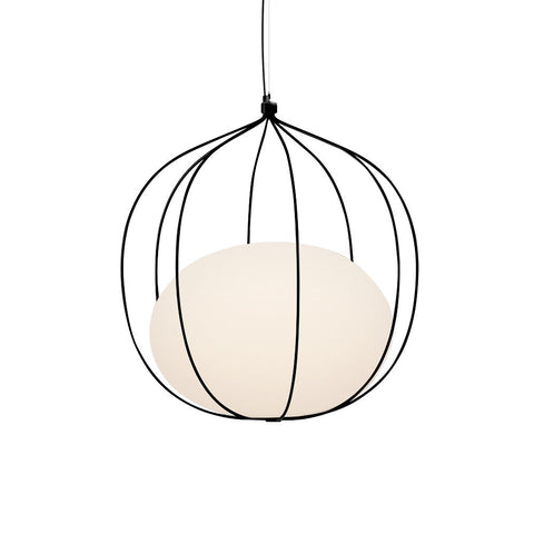 Hoop Pendant Small, a minimalist Scandinavian light with metal cage frame, glass diffuser, warm LED glow, and custom color options.